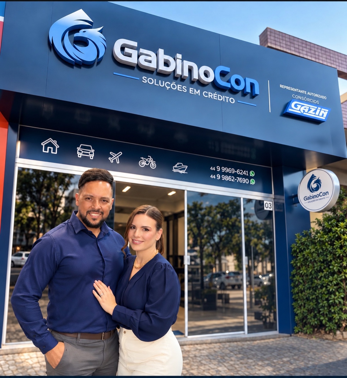 Os fundadores da GabinoCon em frente à loja em Umuarama